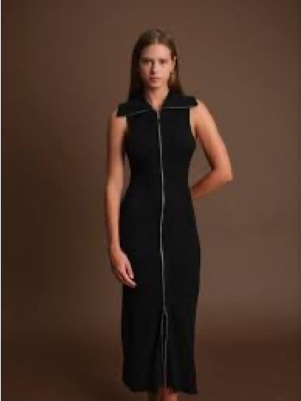 Deluc Black Sleeveless Zip-Front sweater Midi Dress with Stand Collar